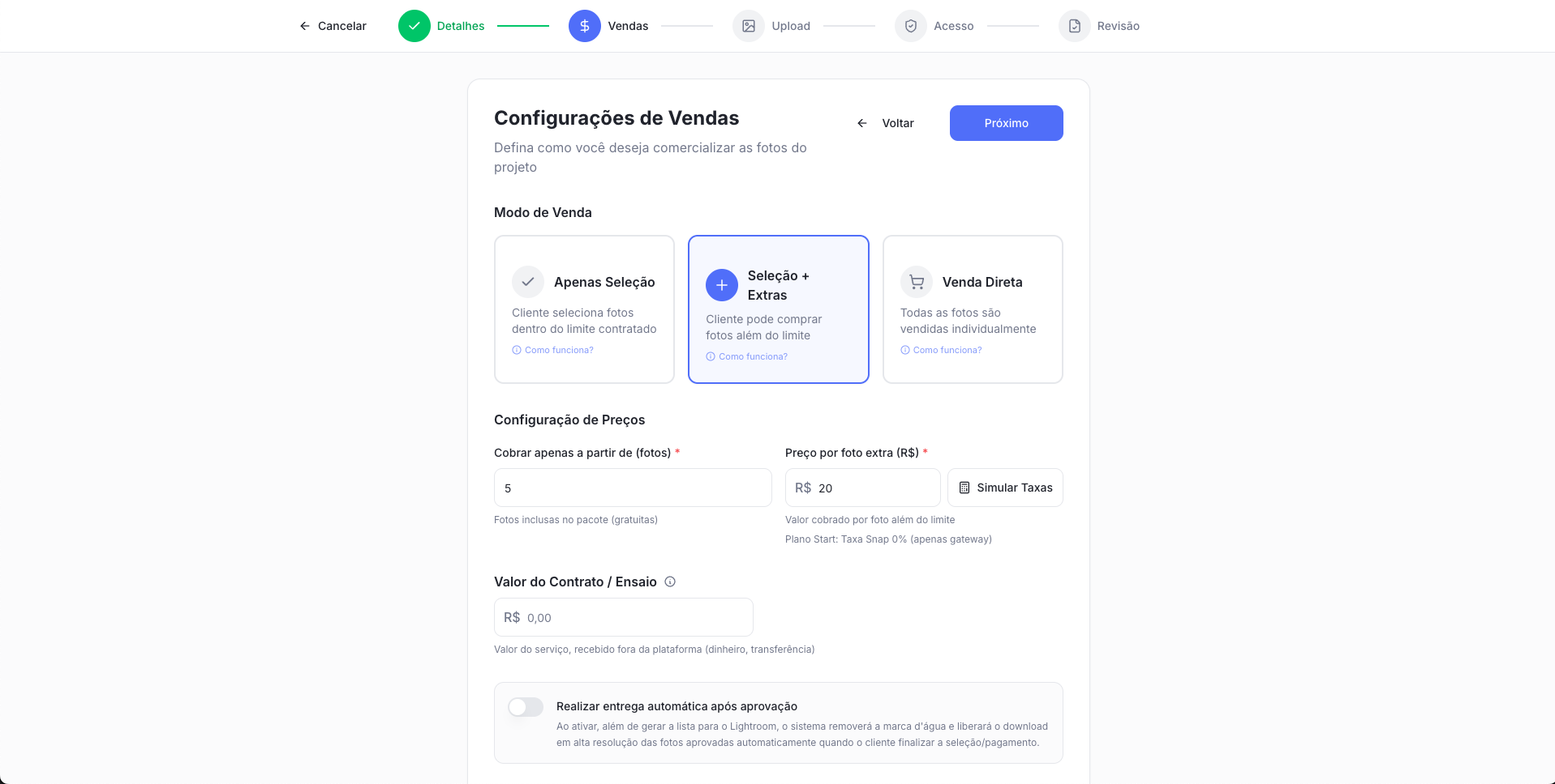 Tela de Configurações de Vendas no Snap Gallery com modo Seleção + Extras selecionado