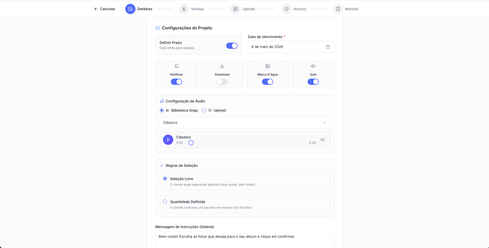 Configurações de regras e áudio do projeto