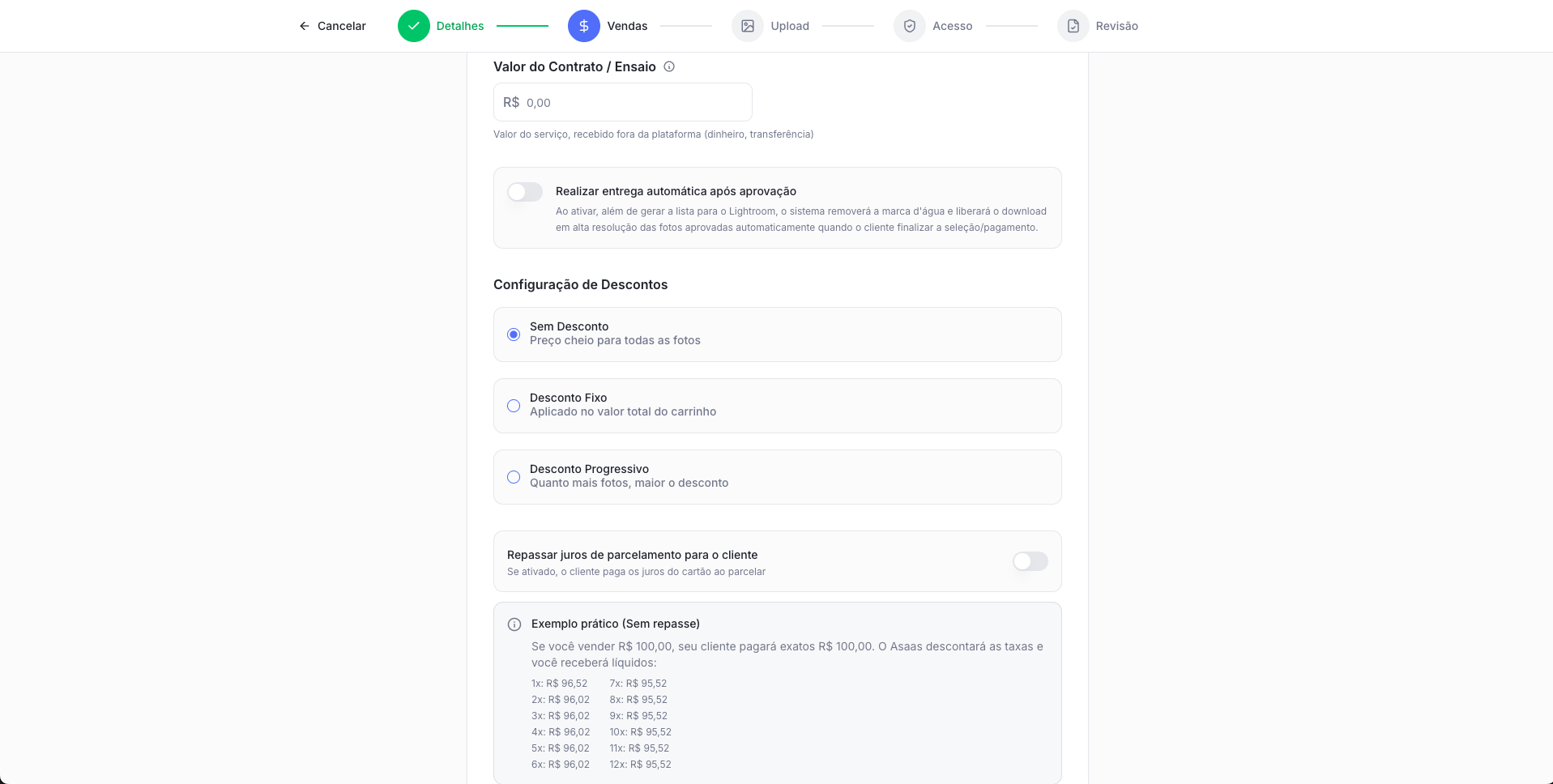 Configuração de Descontos e simulação de taxas no Snap Gallery