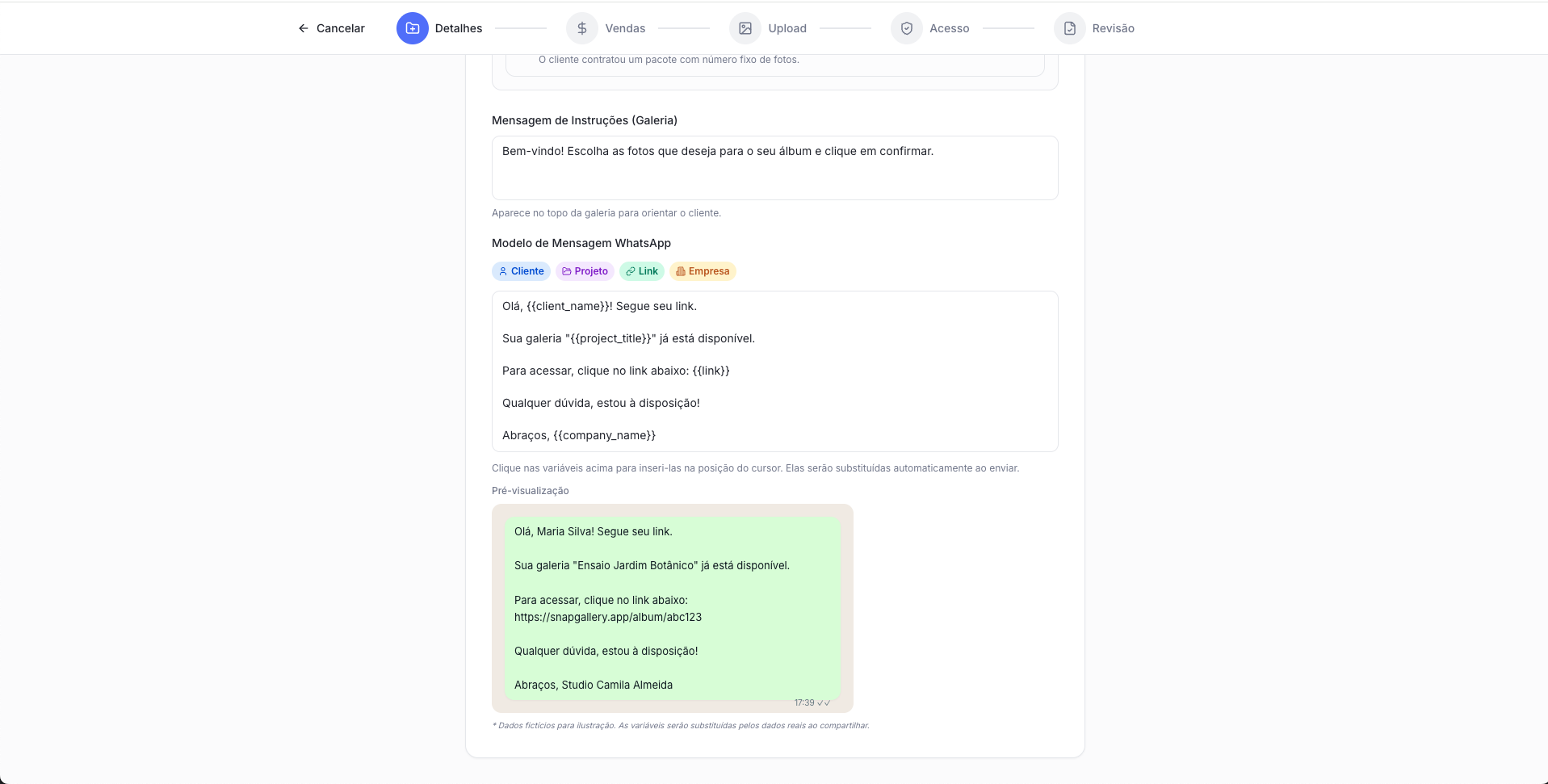 Modelo de mensagem WhatsApp com pré-visualização