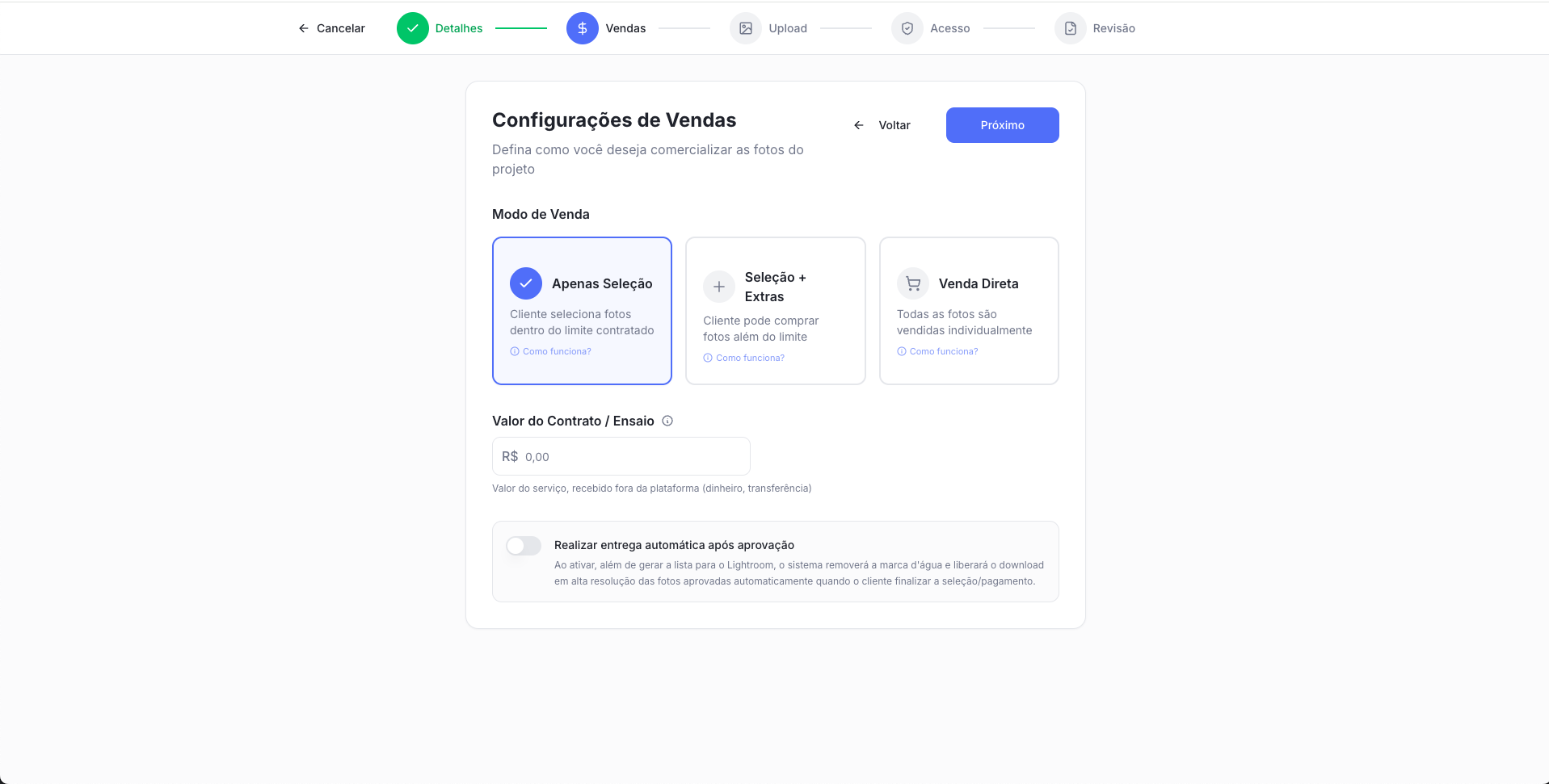 Configurações de vendas com modos de comercialização