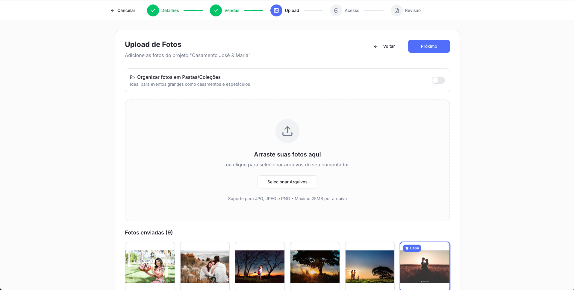 Tela de upload de fotos com grid de envio