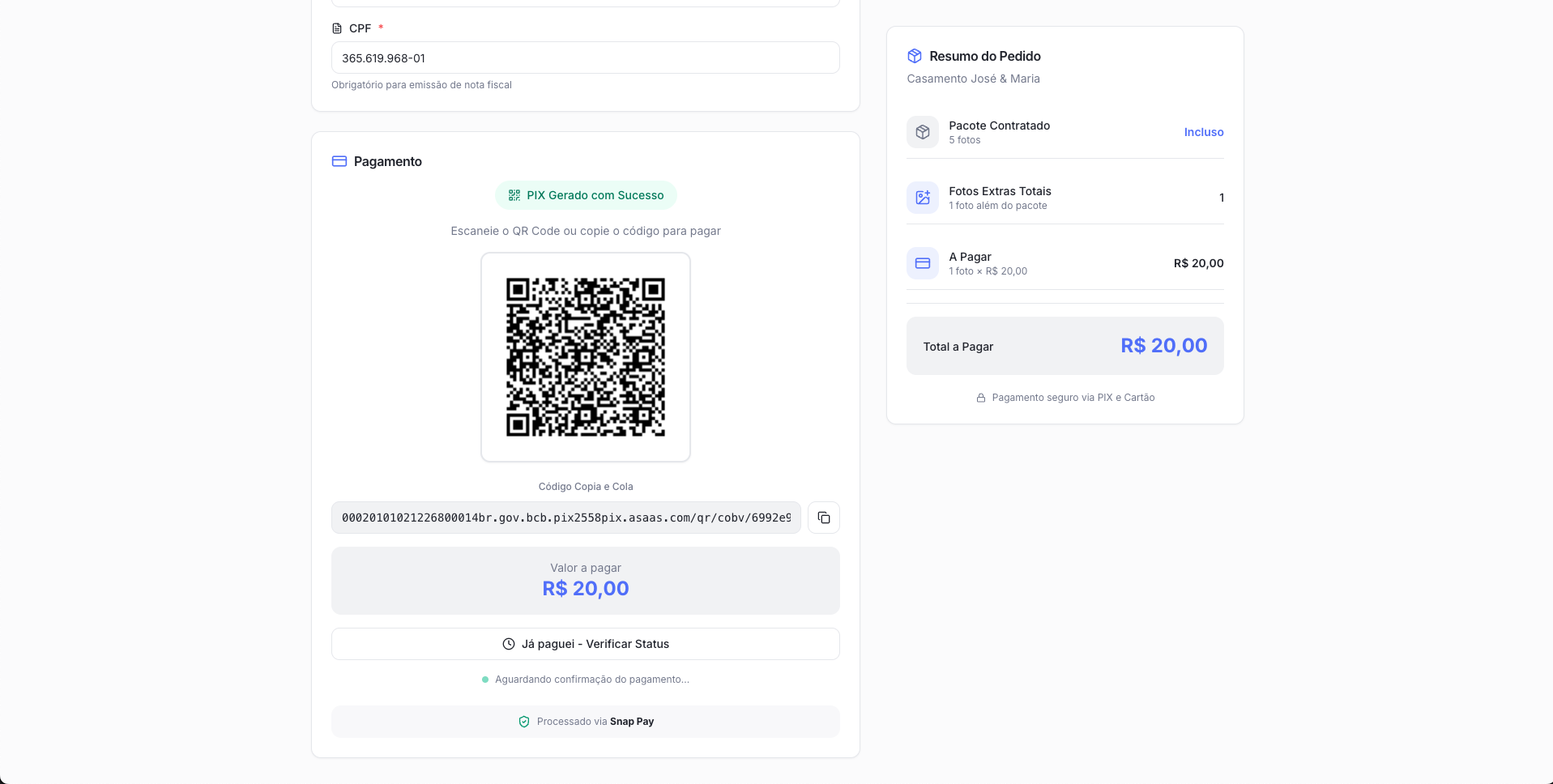 Snap Pay exibindo QR Code do PIX e código Copia e Cola