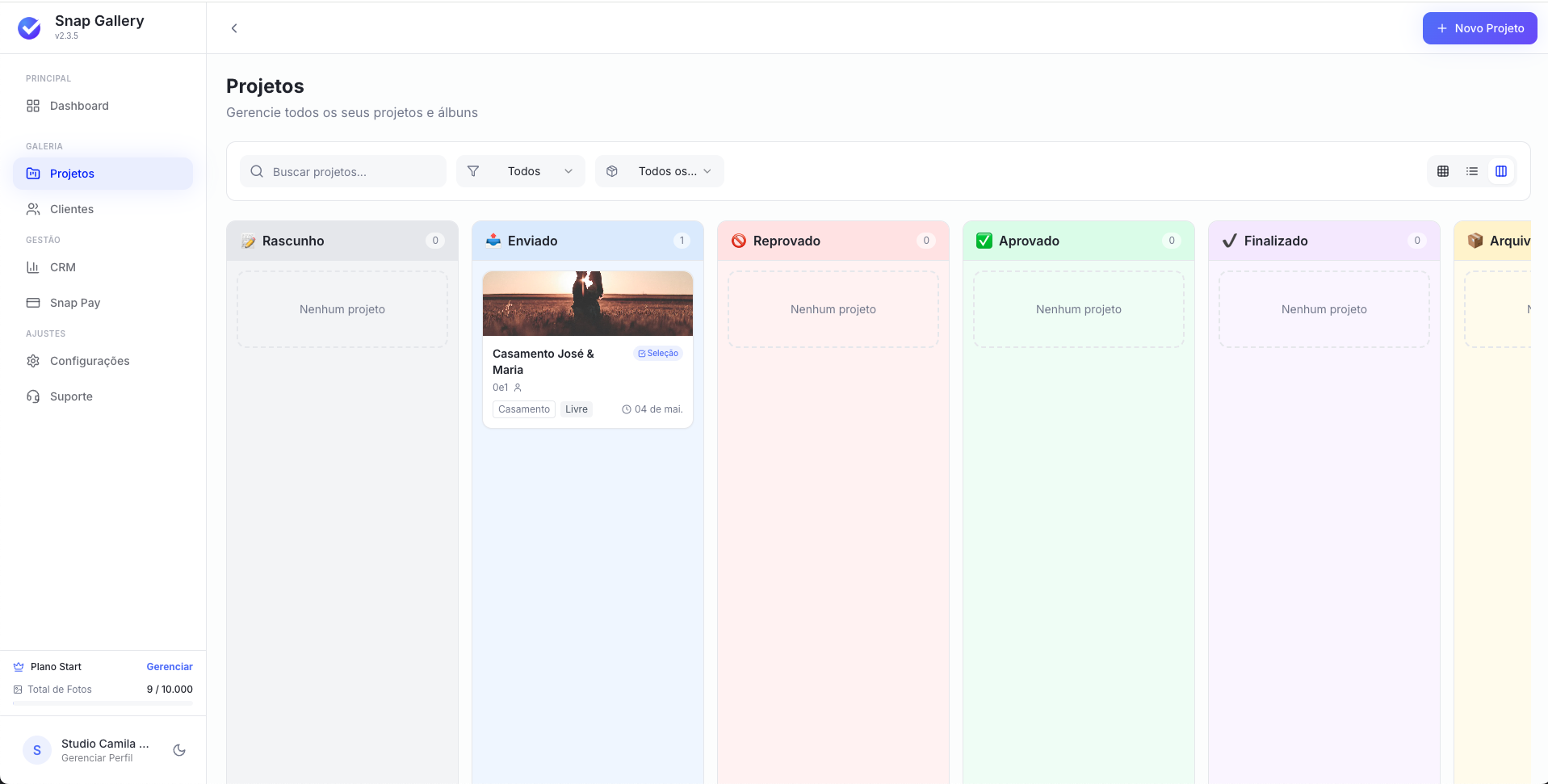 Painel Kanban com projeto na coluna Enviado