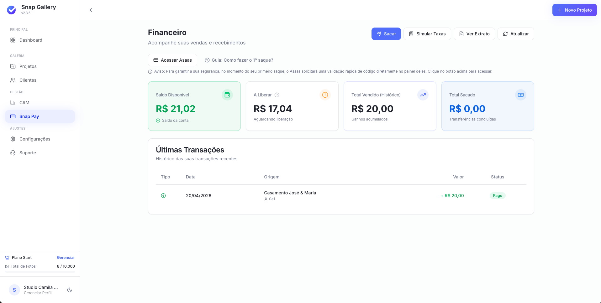 Dashboard do Snap Pay com saldo disponível e últimas transações