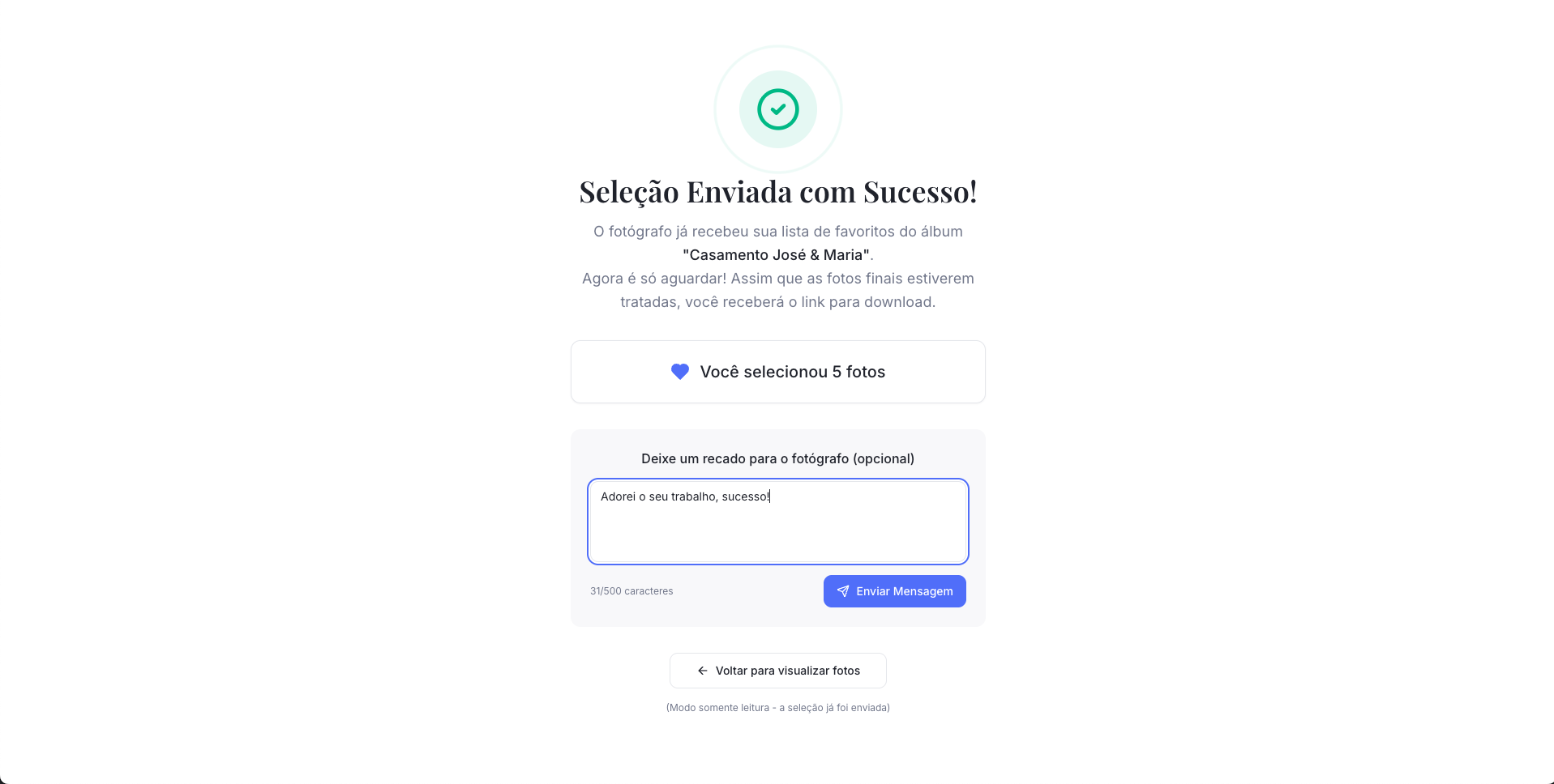 Tela de seleção enviada com sucesso e recado do cliente