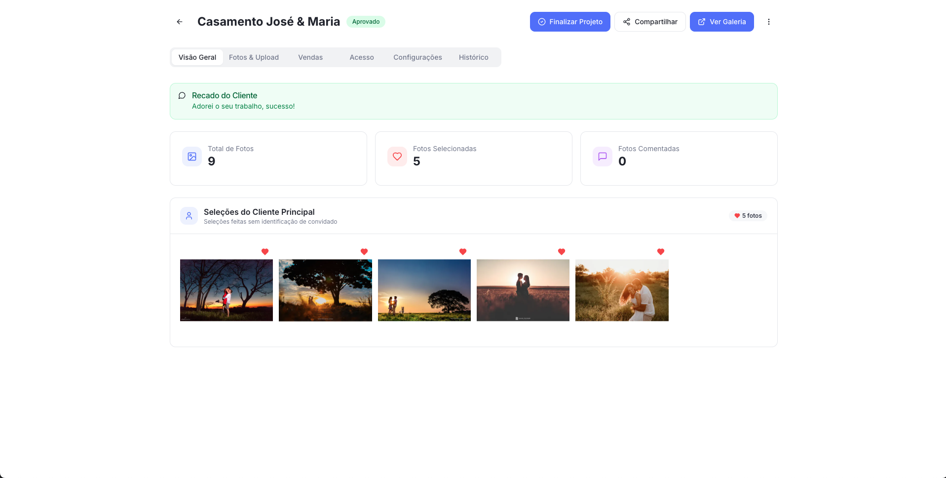 Dashboard interno com resumo das aprovações e recado do cliente