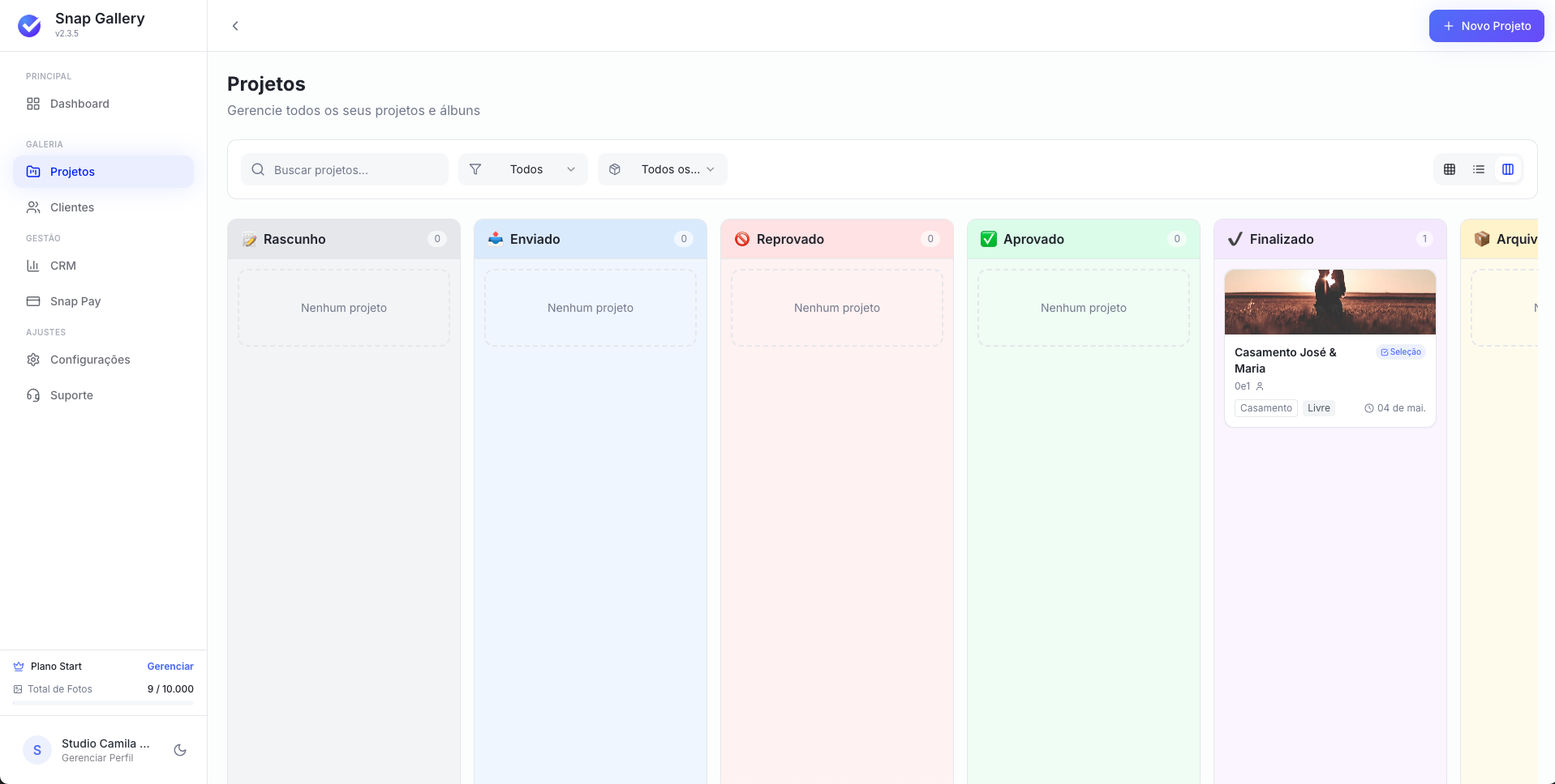 Painel de Projetos com projeto na coluna Finalizado