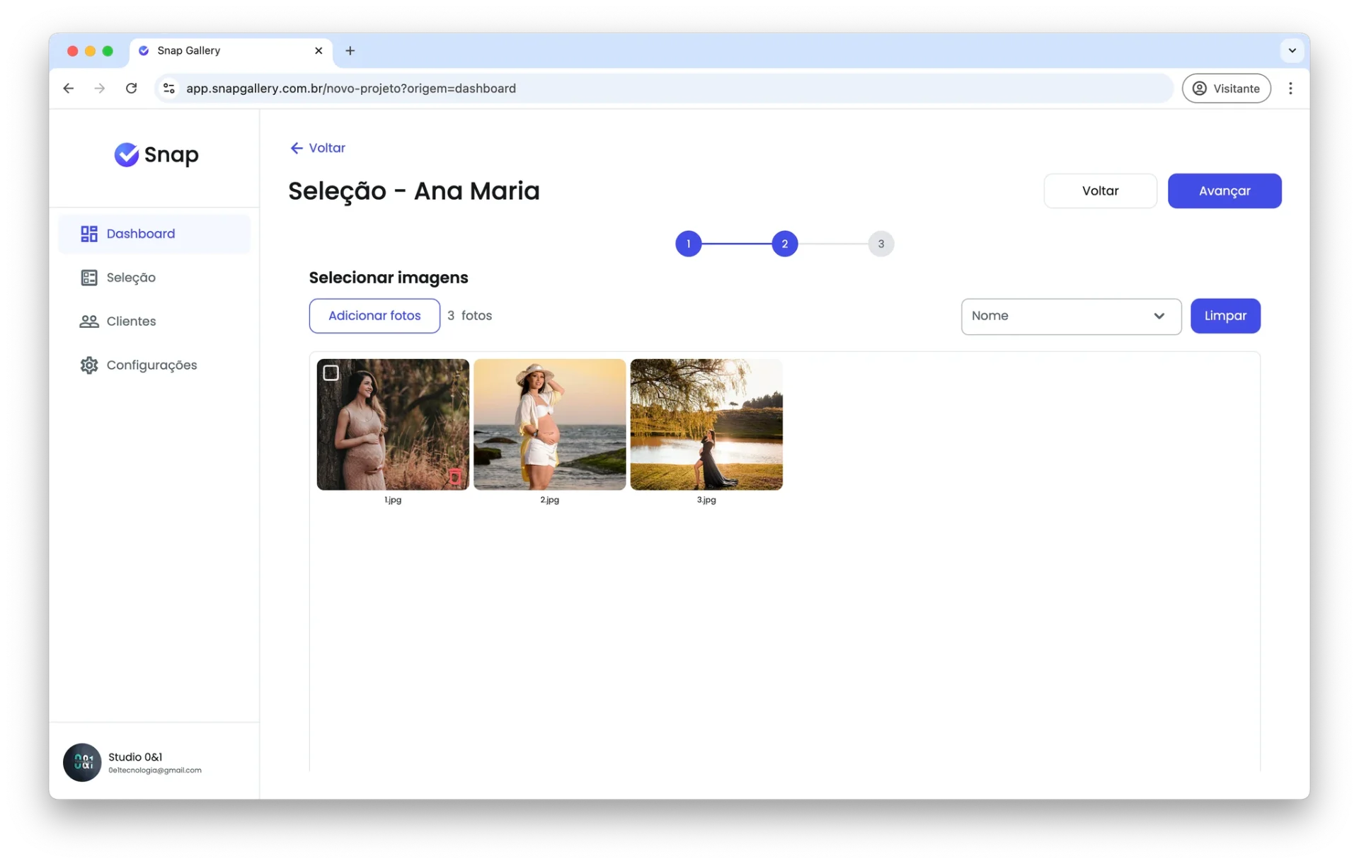 Interface de upload e adição de fotos ao projeto no Snap Gallery