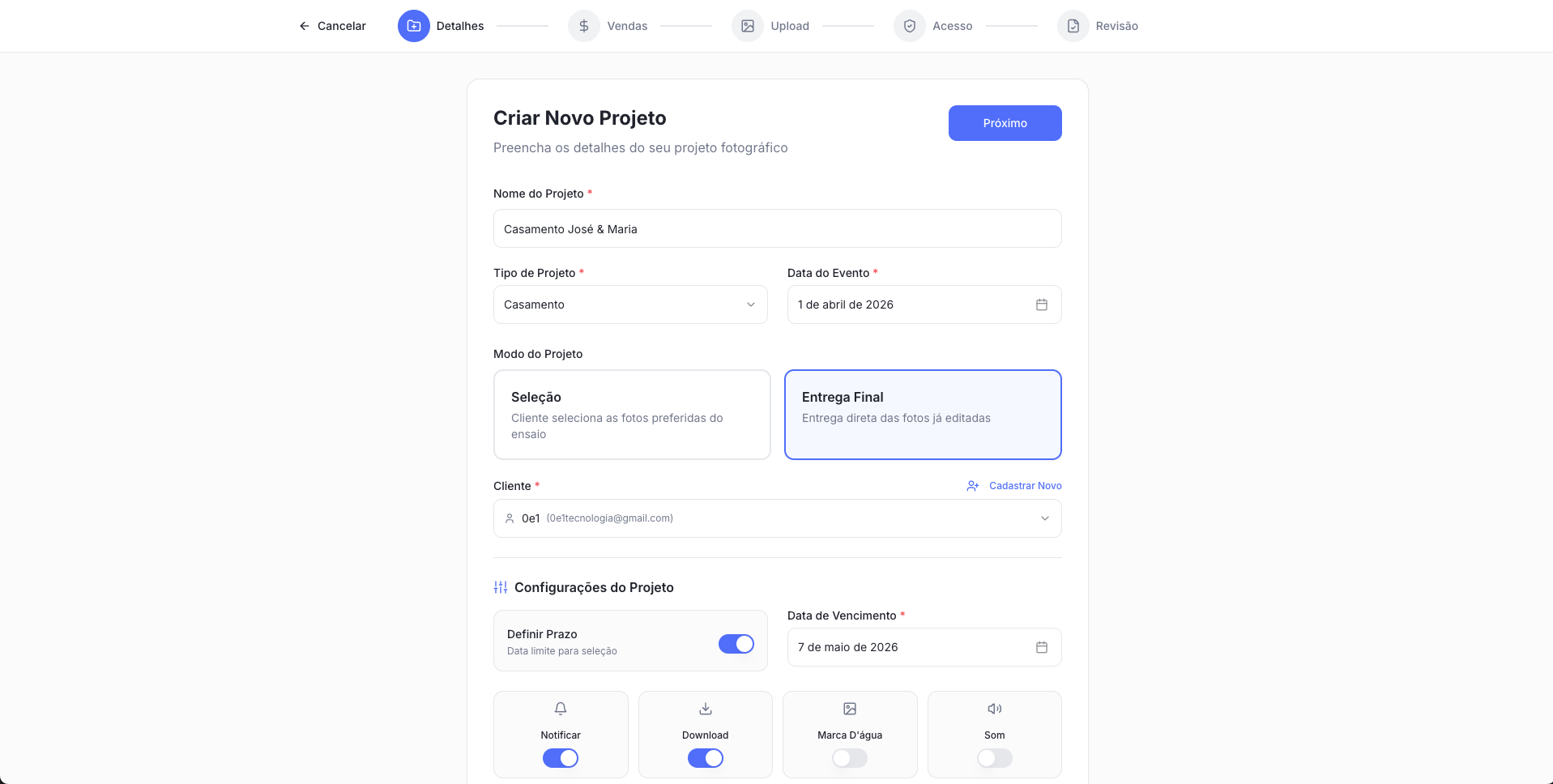 Tela Criar Novo Projeto com Entrega Final selecionado no Snap Gallery