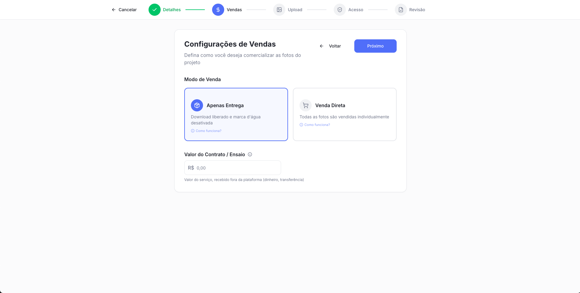 Tela Configurações de Vendas travada em Apenas Entrega no Snap Gallery