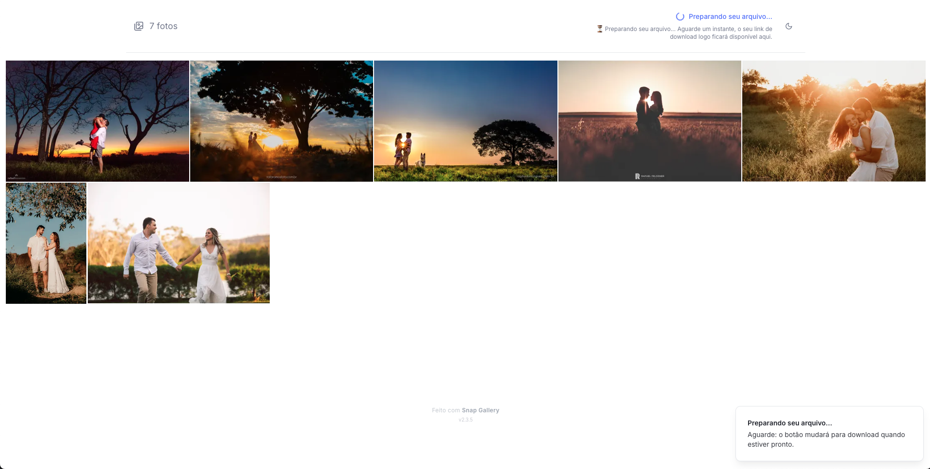 Galeria com aviso Preparando seu arquivo no Snap Gallery
