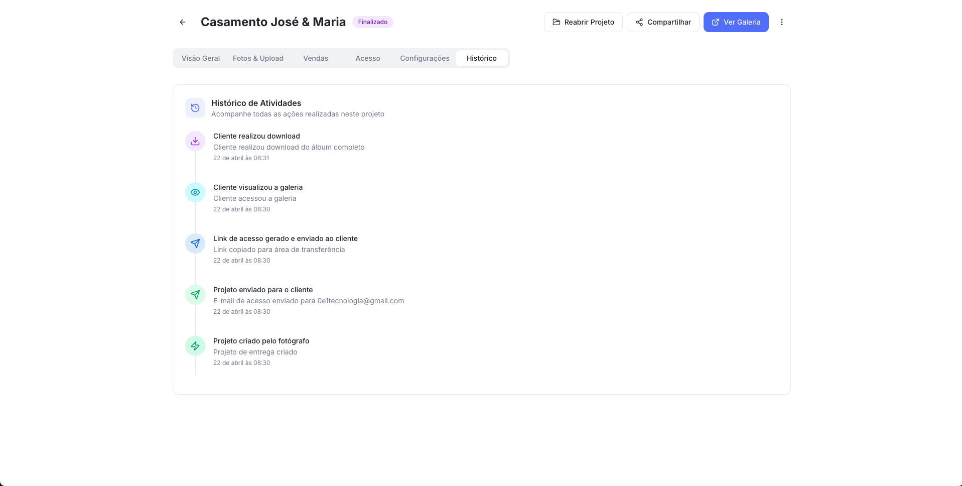 Tela interna do projeto com aba Histórico mostrando ações rastreadas