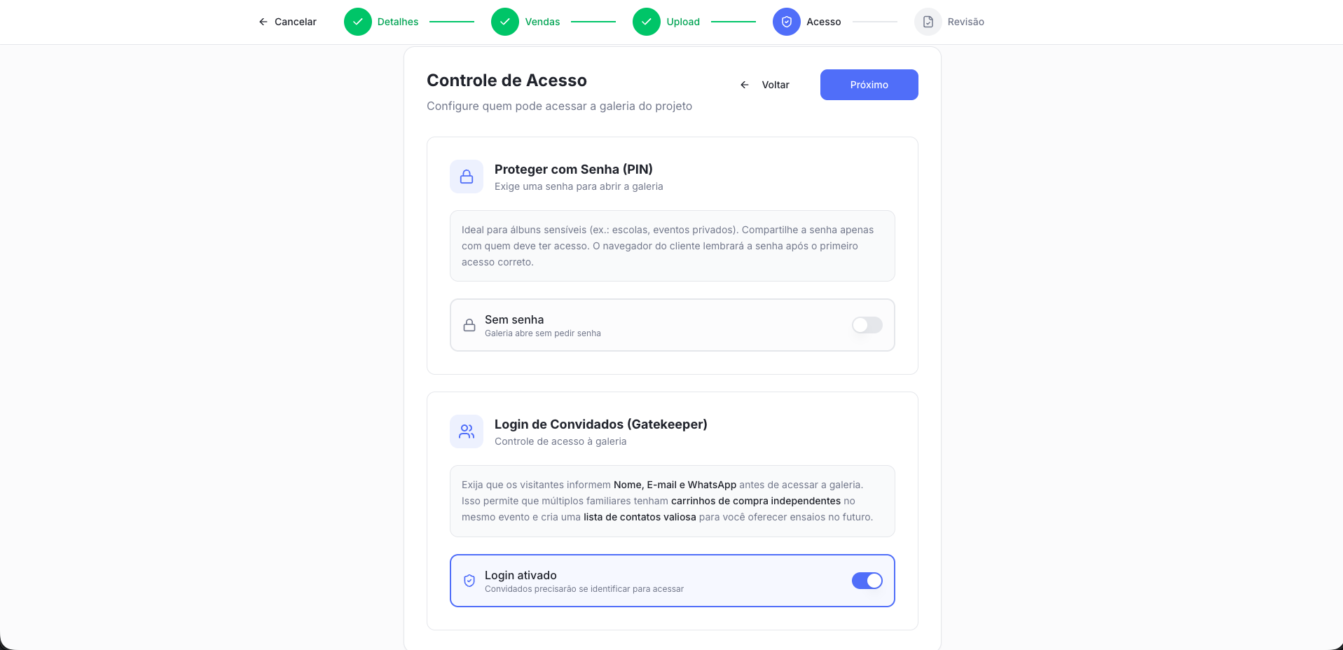 Tela de Acesso ativando o login obrigatório para convidados