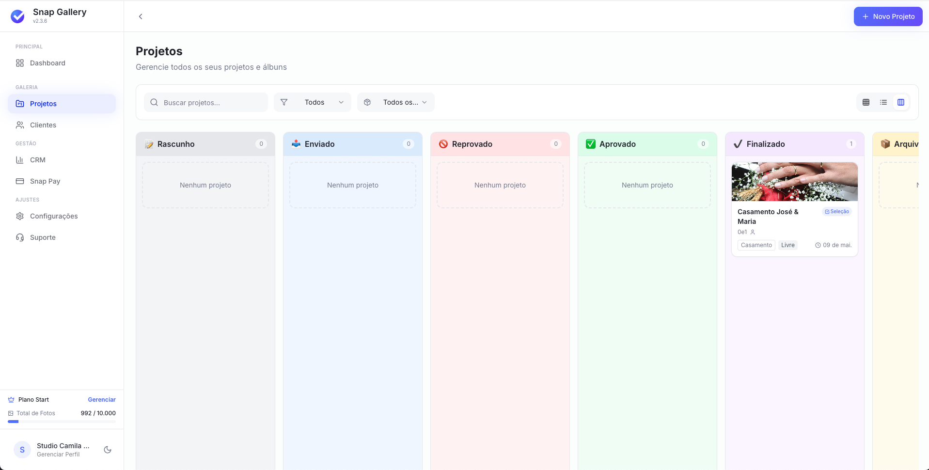 Visão Kanban com card do projeto na coluna Finalizado