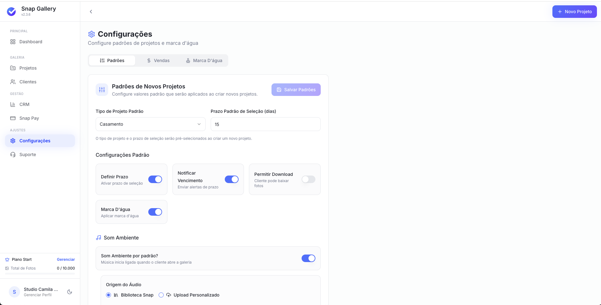 Tela Configurações Padrões com Padrões de Novos Projetos e Configurações Padrão