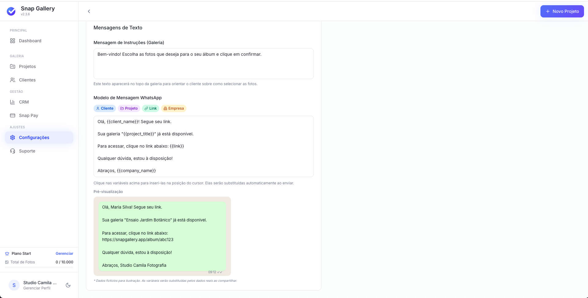 Tela Configurações Padrões focada no Modelo de Mensagem WhatsApp e pré-visualização
