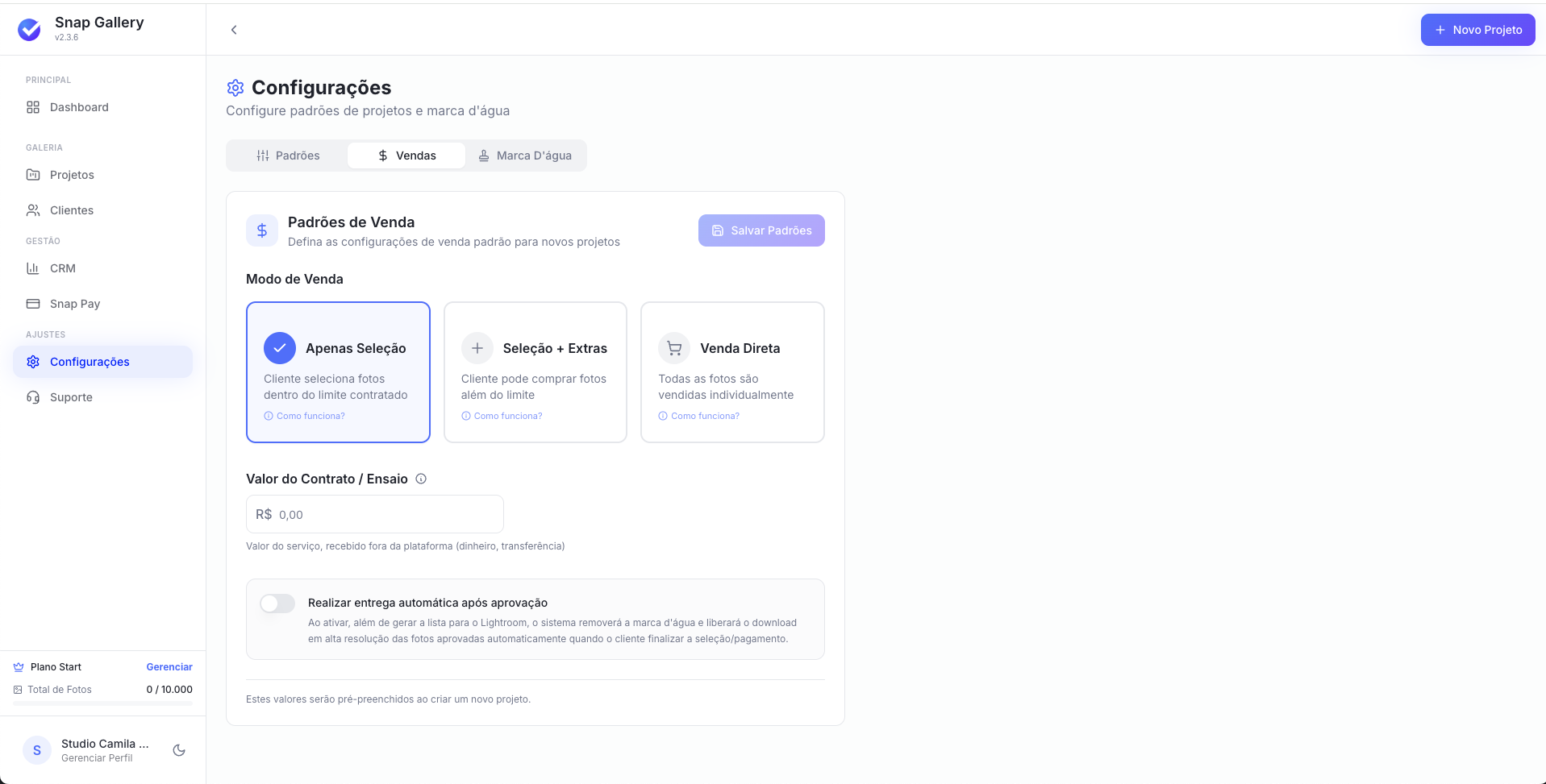 Tela Configurações Vendas mostrando os Modos de Venda