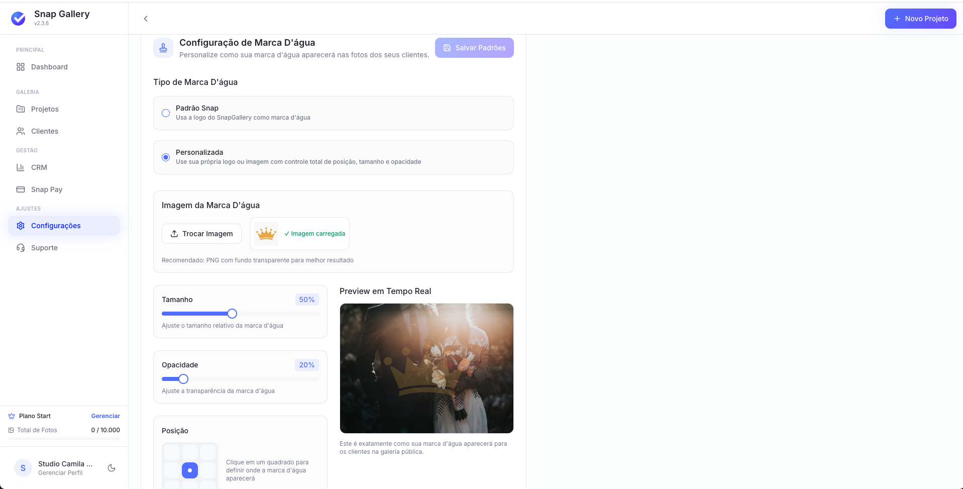 Tela Configurações Marca D'água com preview em tempo real