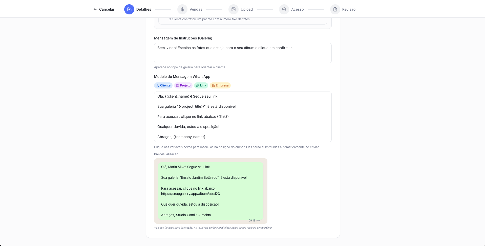 Tela Novo Projeto Detalhes focada nas Mensagens e WhatsApp preenchidos