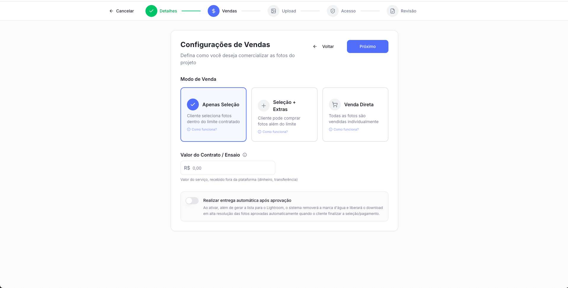 Tela Novo Projeto Vendas com o modo Apenas Seleção já marcado