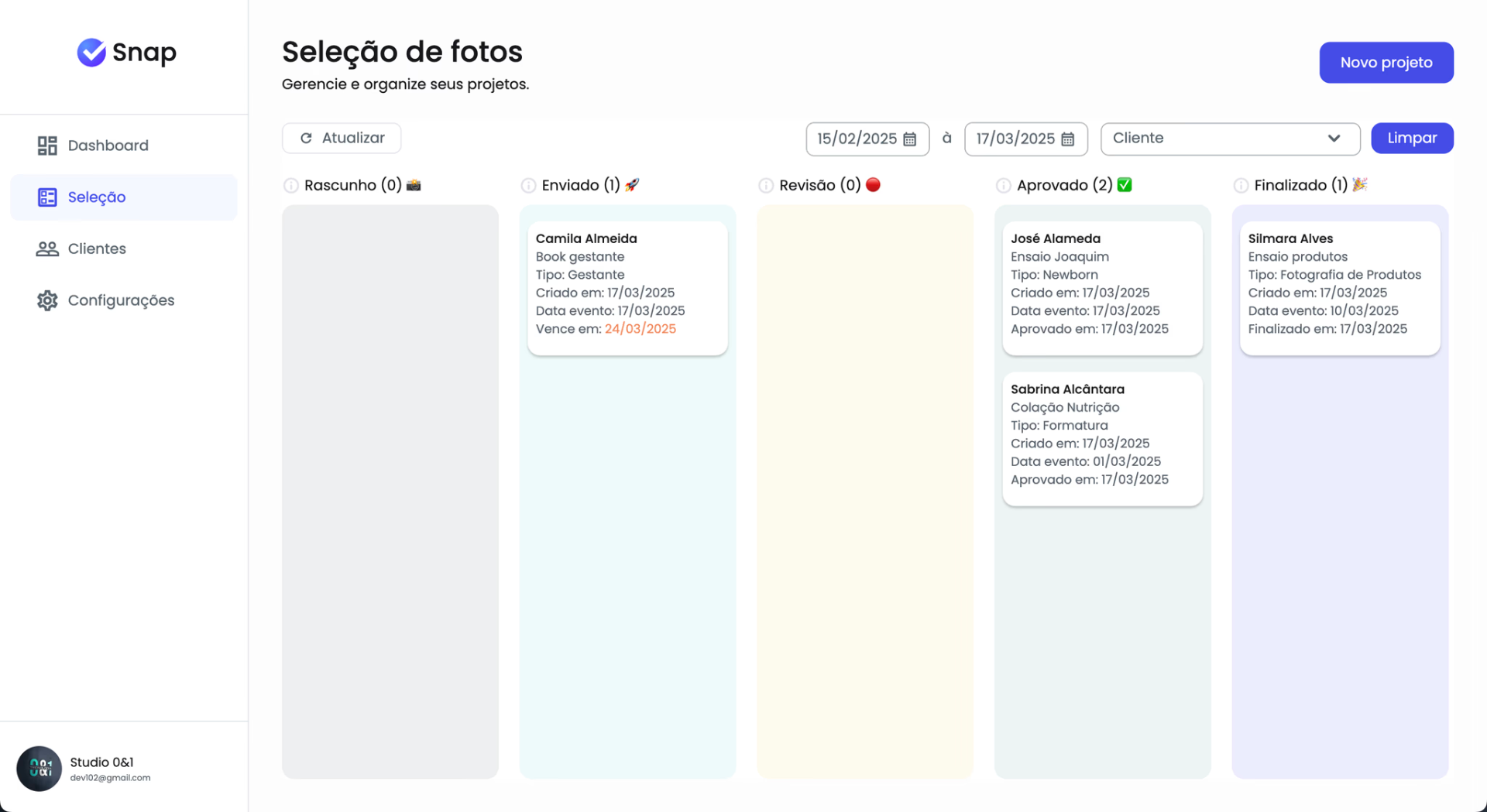 Tela de Seleção do Snap Gallery com projetos ordenados por status