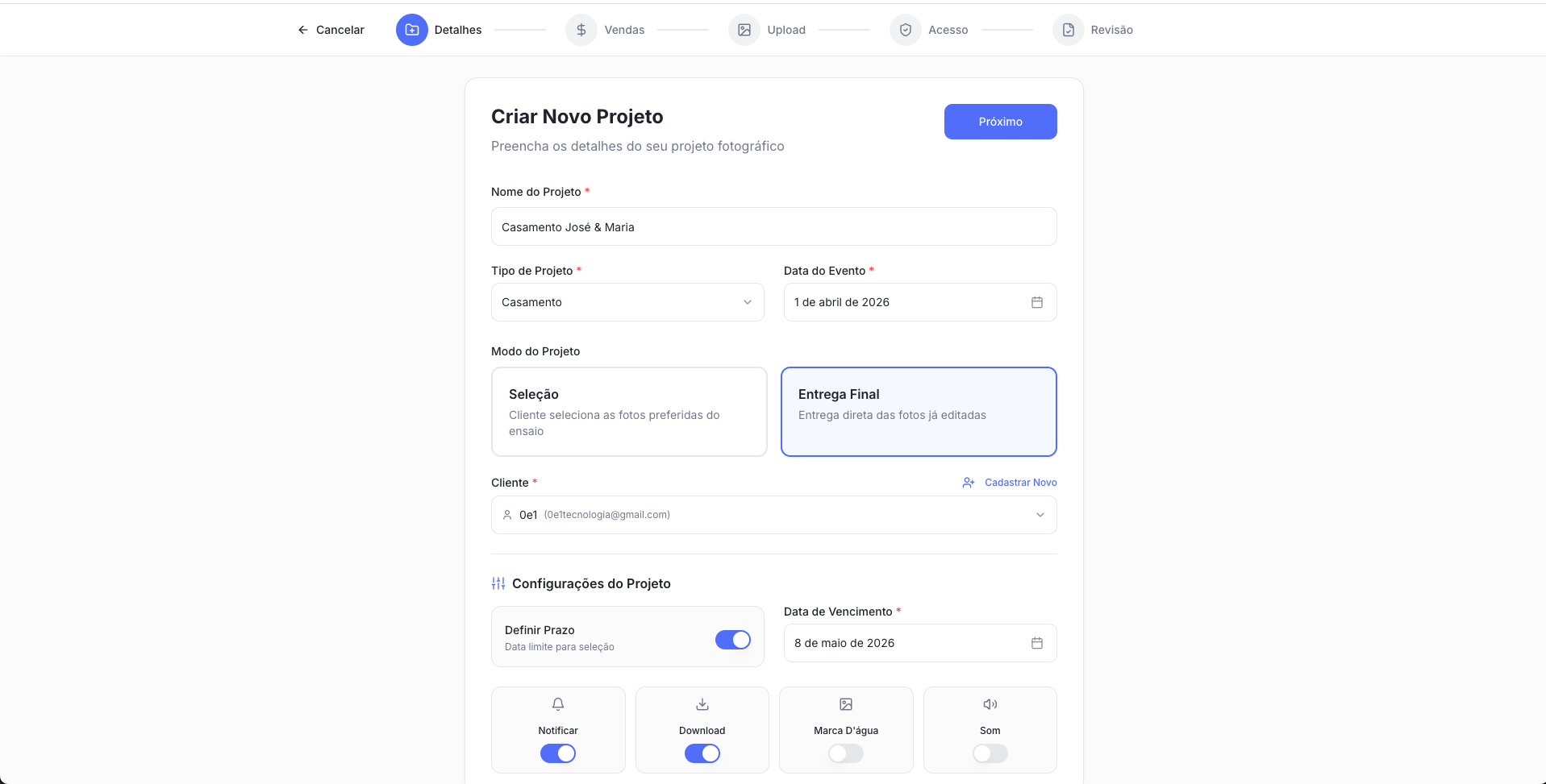 Tela Criar Novo Projeto com Entrega Final selecionado no Snap Gallery