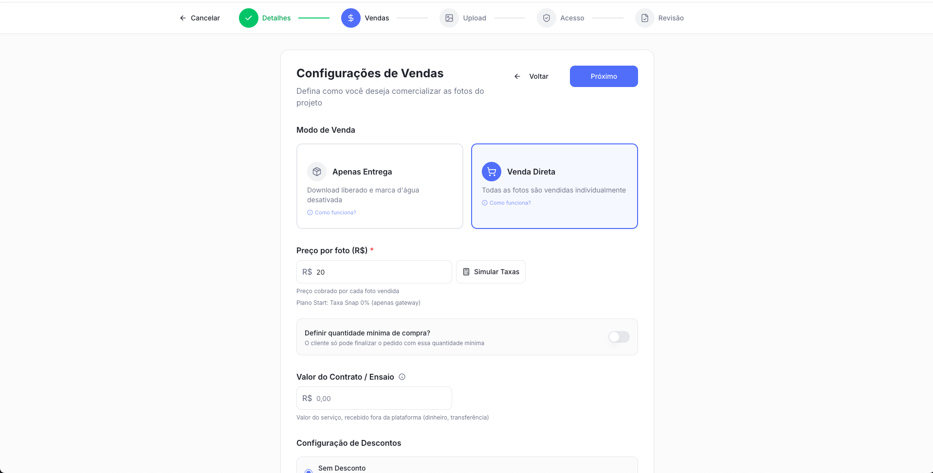 Tela Configurações de Vendas com Venda Direta selecionada e preço definido