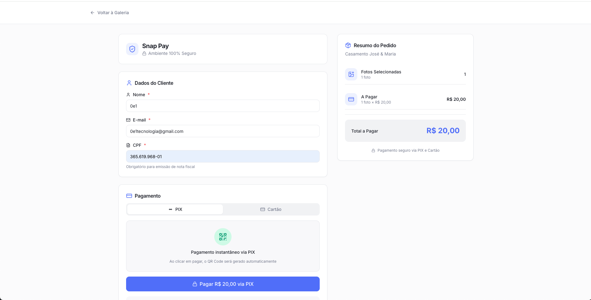 Tela de Checkout do Snap Pay com dados do cliente e resumo do pedido